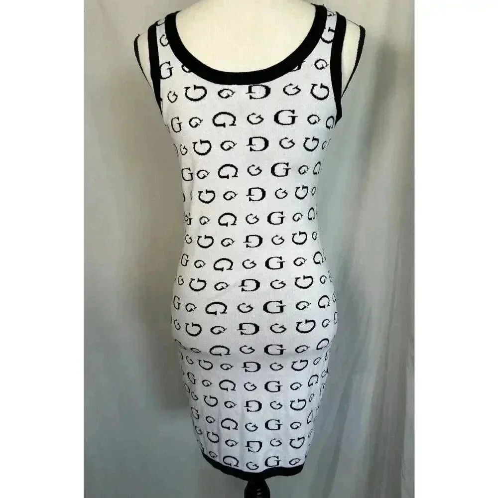 GUESS Monogram G Logo Mini Dress Black White Knit Bodycon Sheath Women’s Size M - Picture 2 of 12